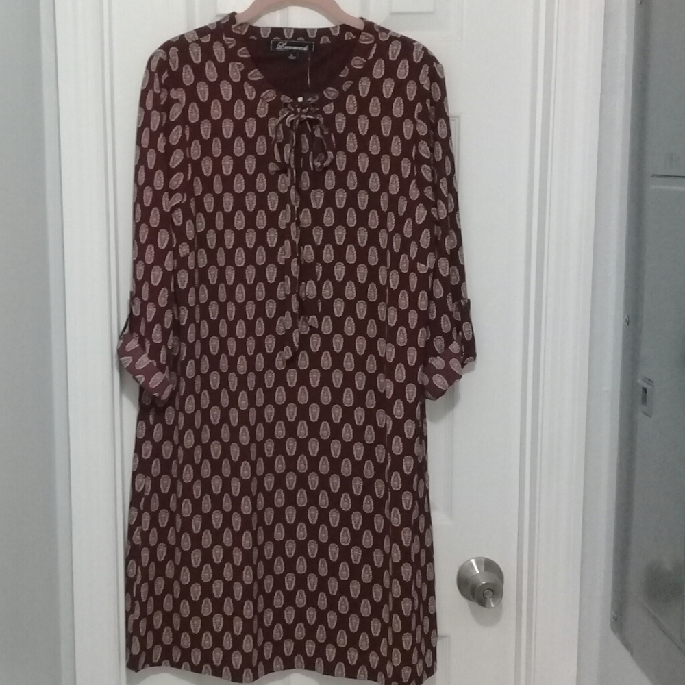 Brown Printed Adjustable Tie Neck Dress